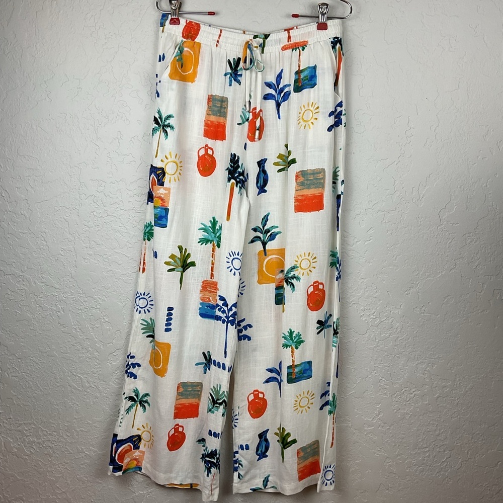 NWT  Anthropologie Label Of Love Tropical Print Wide Leg Linen Blend Pant Sz Lg - Picture 2 of 10